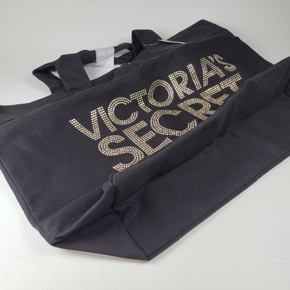 NWT Victoria's Secret Tote Bling Lettering VS Gold Black Large Canvas Duffle - Picture 3 of 9